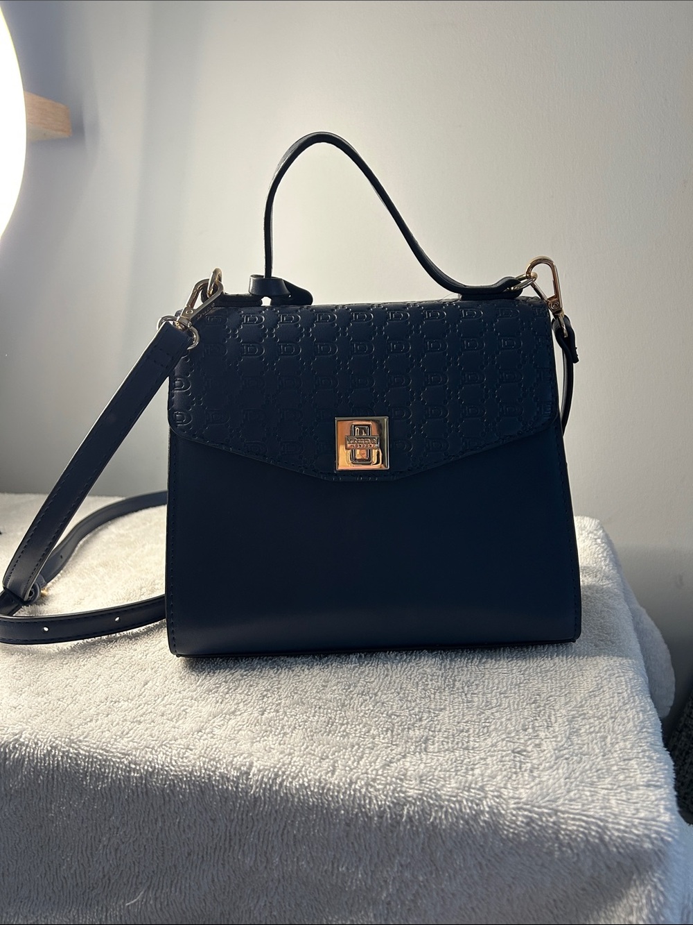 Dune London Navy Blue Top-Handle Satchel with Gold Hardware